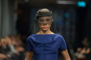 Model on the Runway in blue and black in the Lui Hon Runway 2015 in Melbourne.