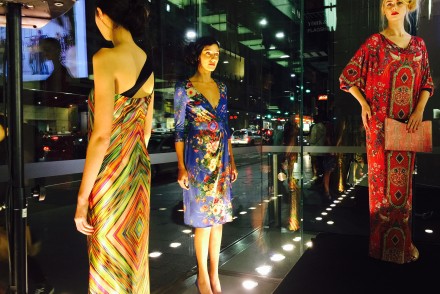 Picture of models standing in the window of the Apple store in Sydney at the launch of Leona Edmiston accessories May 2015