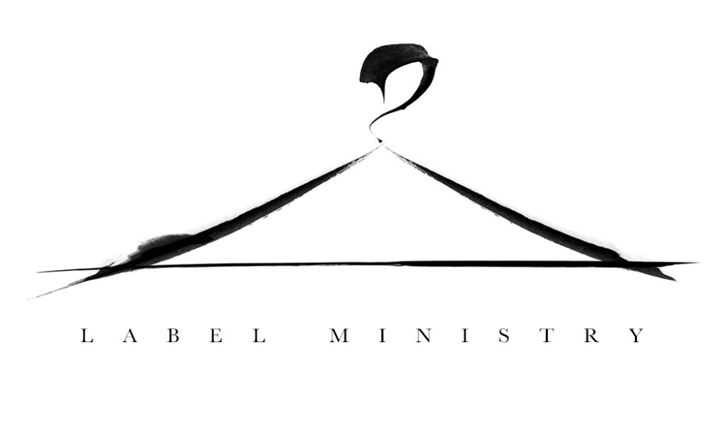 Coat Hanger Logo done in black on white in the style of chinese calligraphy and paint brushing style with the words Label Ministry placed in capital letters below it.