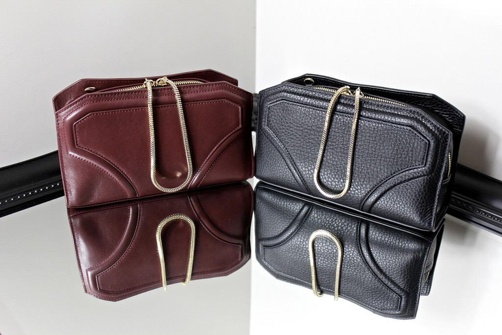 Handbags, leather in black and burgundy designed by Janna Jones of Perth Western Australia.
