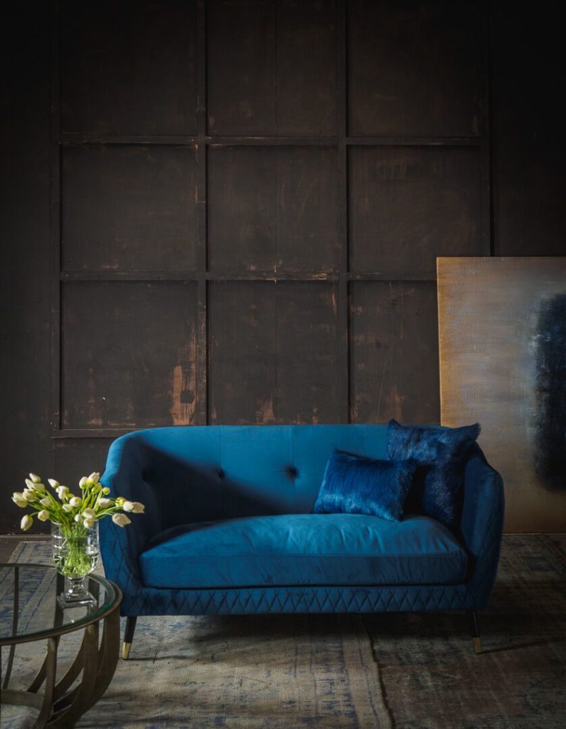 Blue velvet luxury sofa by Horgans interiors.