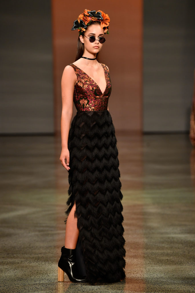 A model walks the runway in a design by Ruscoe during the New Generation Emerging Couture show during New Zealand Fashion Week 2018 at Viaduct Events Centre on August 28, 2018 in Auckland, New Zealand (Photo by Phil Walter/Getty Images)