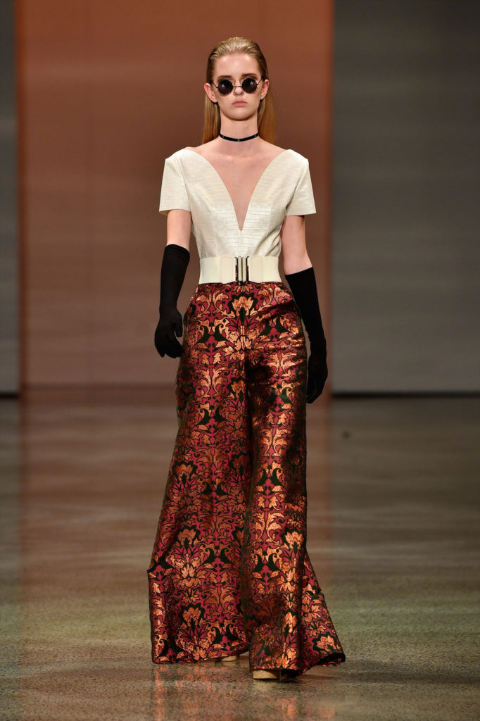 A model walks the runway in a design by Ruscoe during the New Generation Emerging Couture show during New Zealand Fashion Week 2018 at Viaduct Events Centre on August 28, 2018 in Auckland, New Zealand (Photo by Phil Walter/Getty Images)