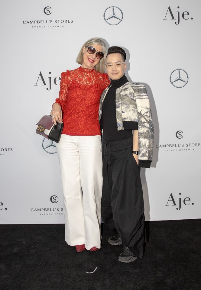 Jade Cosgrove of Label Ministry and Reuben Cheok walking the catwalk at Sydney's Fashion Week at MBFWA Resort 2020 in Aqua Blu Resort May 2019